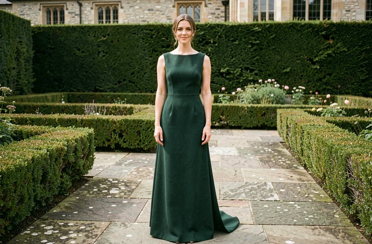 Mariée en robe de mariage épurée en crêpe structuré dans un jardin formel avec pavés en pierre