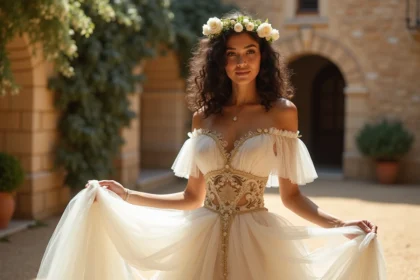 Mariée gitane moderne en robe ivoire à volants et broderies dorées dans une cour provençale en pierre