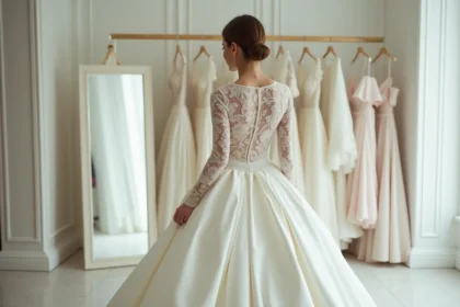 Mariée portant une robe longue à manches avec des erreurs de style de proportions dans une boutique de mariage