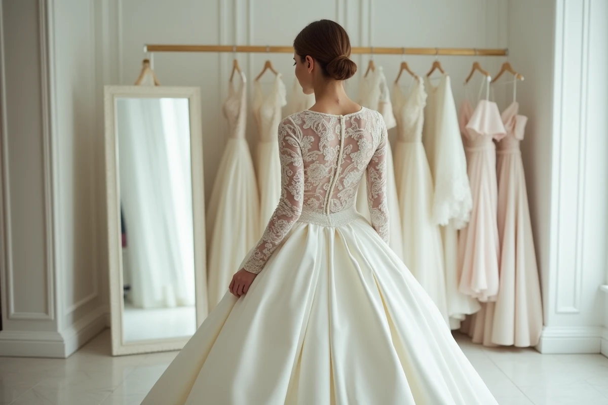 Mariée portant une robe longue à manches avec des erreurs de style de proportions dans une boutique de mariage