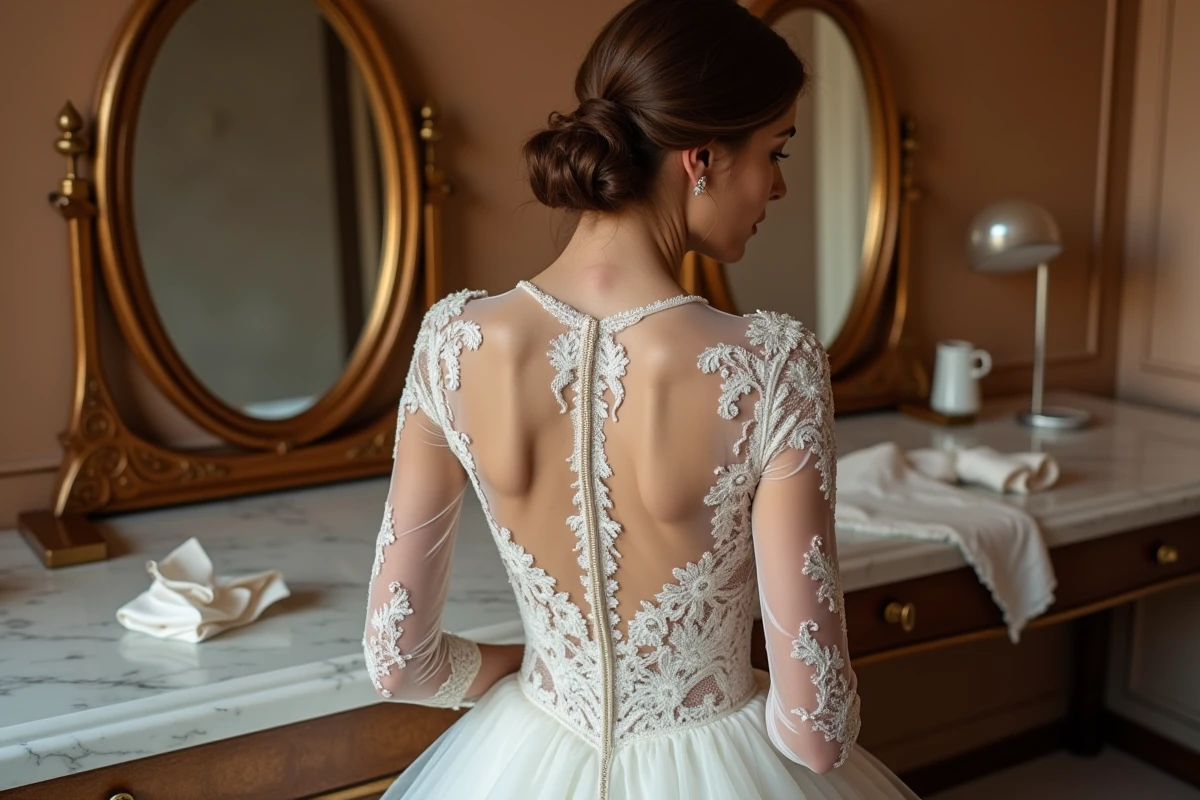 Femme essayant une robe de mariée à manches longues avec un contraste de matières mal assorti dans un atelier de couture