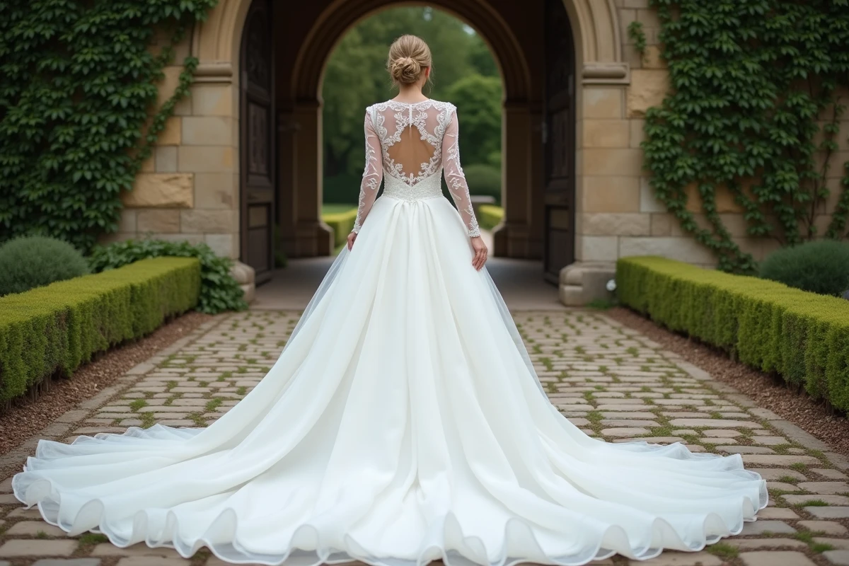 Robe de mariée à manches longues avec traîne trop longue mal gérée sur un sol en pavés dans un jardin de cérémonie