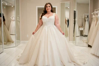 Femme ronde en robe de mariée princesse avec jupe en tulle et bustier en dentelle dans une boutique de mariage élégante
