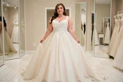 Femme ronde en robe de mariée princesse avec jupe en tulle et bustier en dentelle dans une boutique de mariage élégante