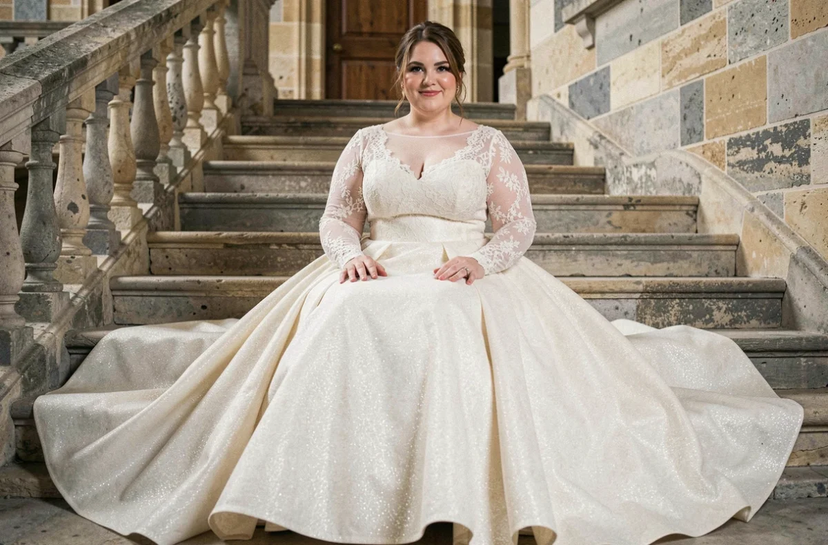 Mariée ronde en robe de mariée princesse en dentelle à manches longues assise sur les marches d'un château français