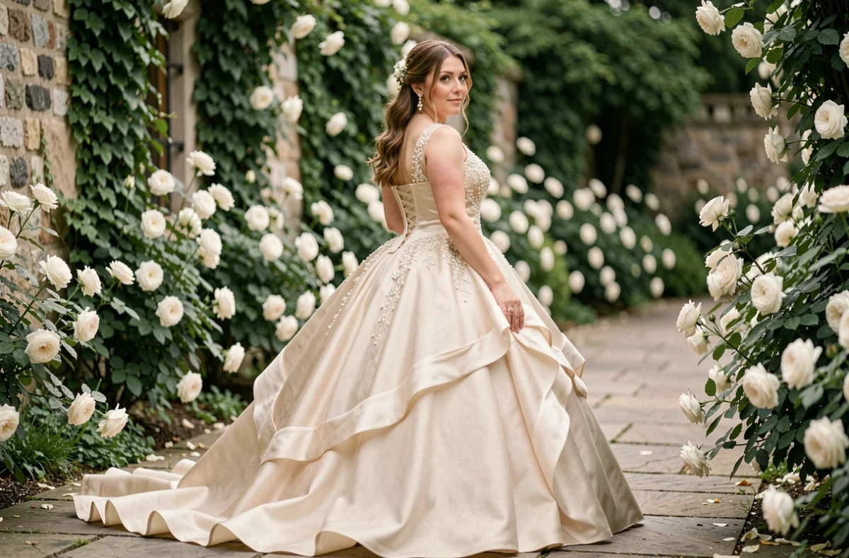 Mariée grande taille en robe princesse champagne à corsage brodé de perles dans un jardin fleuri avec des roses blanches