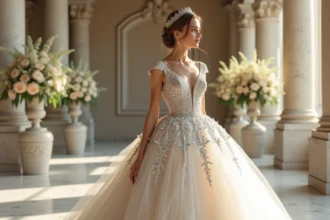 Femme portant une robe de mariée princesse à paillettes argentées avec jupe en tulle volumineuse dans un lieu de mariage baroque
