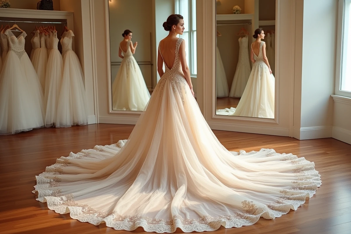 Mariée en robe de mariage princesse dorée à paillettes avec traîne cathédrale dans une boutique de robes de mariée avec miroirs