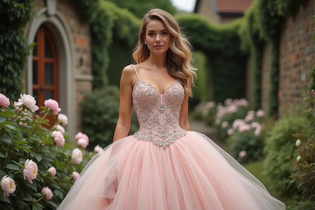 Mariée portant une robe de mariée princesse rose poudré avec corsage pailleté et jupe en organza dans un jardin fleuri