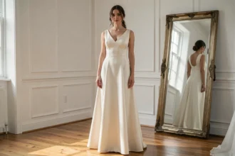Femme portant une robe de mariée simple et élégante en satin ivoire dans une boutique de mariage épurée