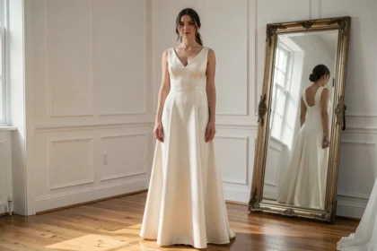 Femme portant une robe de mariée simple et élégante en satin ivoire dans une boutique de mariage épurée