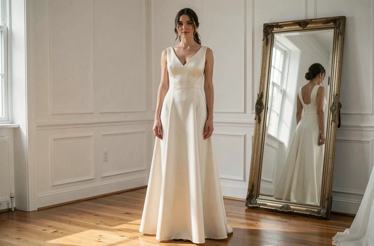 Femme portant une robe de mariée simple et élégante en satin ivoire dans une boutique de mariage épurée