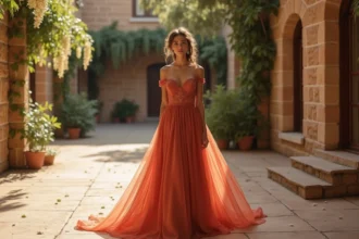 Mariée à peau mate portant une robe de mariée couleur terracotta dans une cour méditerranéenne ensoleillée