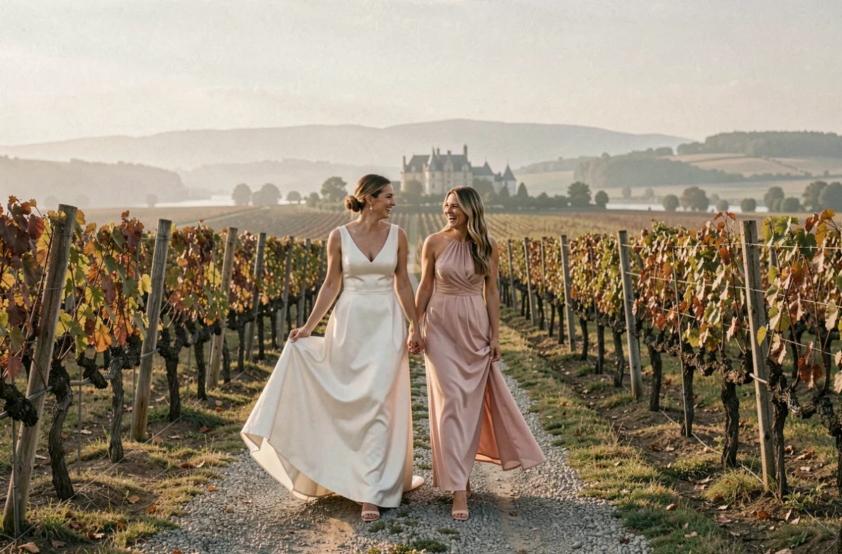 Mariée et demoiselle d'honneur marchant dans un vignoble près de la Loire lors d'un mariage champêtre à Nantes
