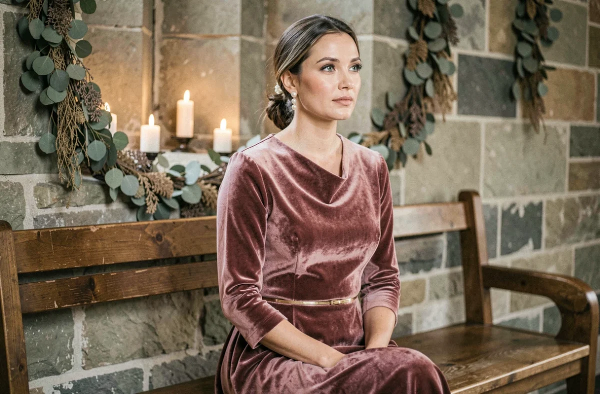 Femme en robe longue en velours rose poudré pour un mariage civil en hiver avec accessoires dorés et boucles d'oreilles en perles