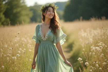 Mariée bohème en robe verte sauge fluide avec couronne florale dans une prairie sauvage