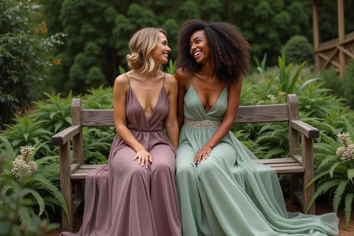 Deux mariées aux teintes de peau différentes portant des robes colorées mauve et vert sauge dans un jardin botanique