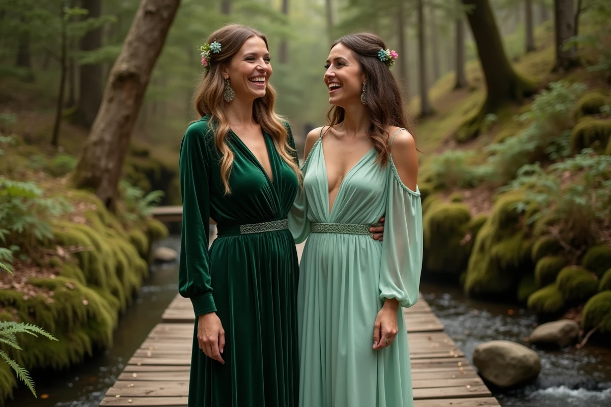 Deux femmes en robes bohèmes vertes velours et mousseline sur un pont en bois dans une forêt automnale