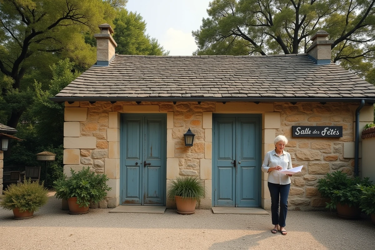 Façade d'une salle des fêtes rurale en pierre avec une femme consultant un document devant l'entrée