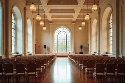 Salle des fêtes en ville moderne avec parquet brillant, chaises empilées et grandes fenêtres donnant sur la rue urbaine