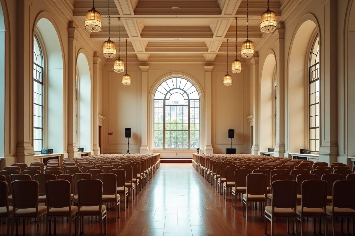 Salle des fêtes en ville moderne avec parquet brillant, chaises empilées et grandes fenêtres donnant sur la rue urbaine