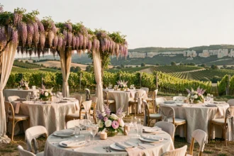 Vue d'ensemble d'une salle de réception pour mariage en Occitanie avec vignes et collines en arrière-plan