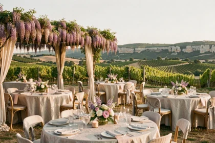 Vue d'ensemble d'une salle de réception pour mariage en Occitanie avec vignes et collines en arrière-plan