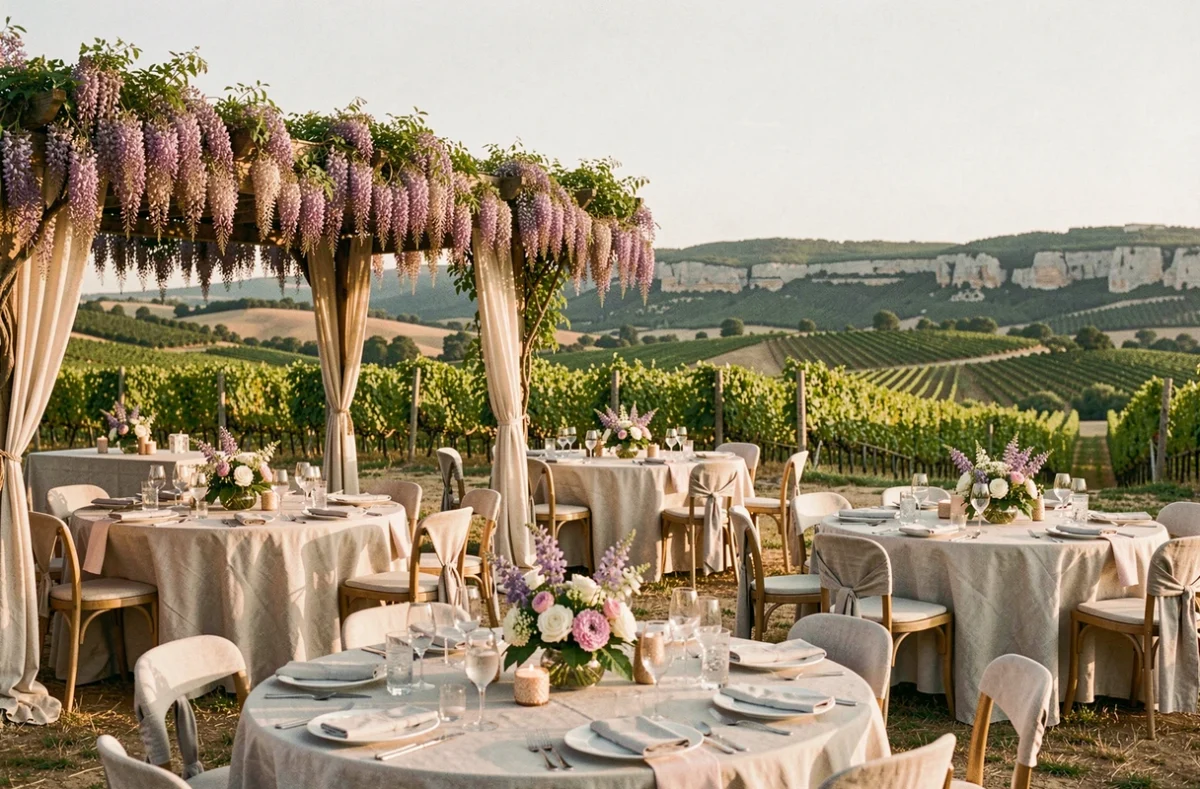 Vue d'ensemble d'une salle de réception pour mariage en Occitanie avec vignes et collines en arrière-plan