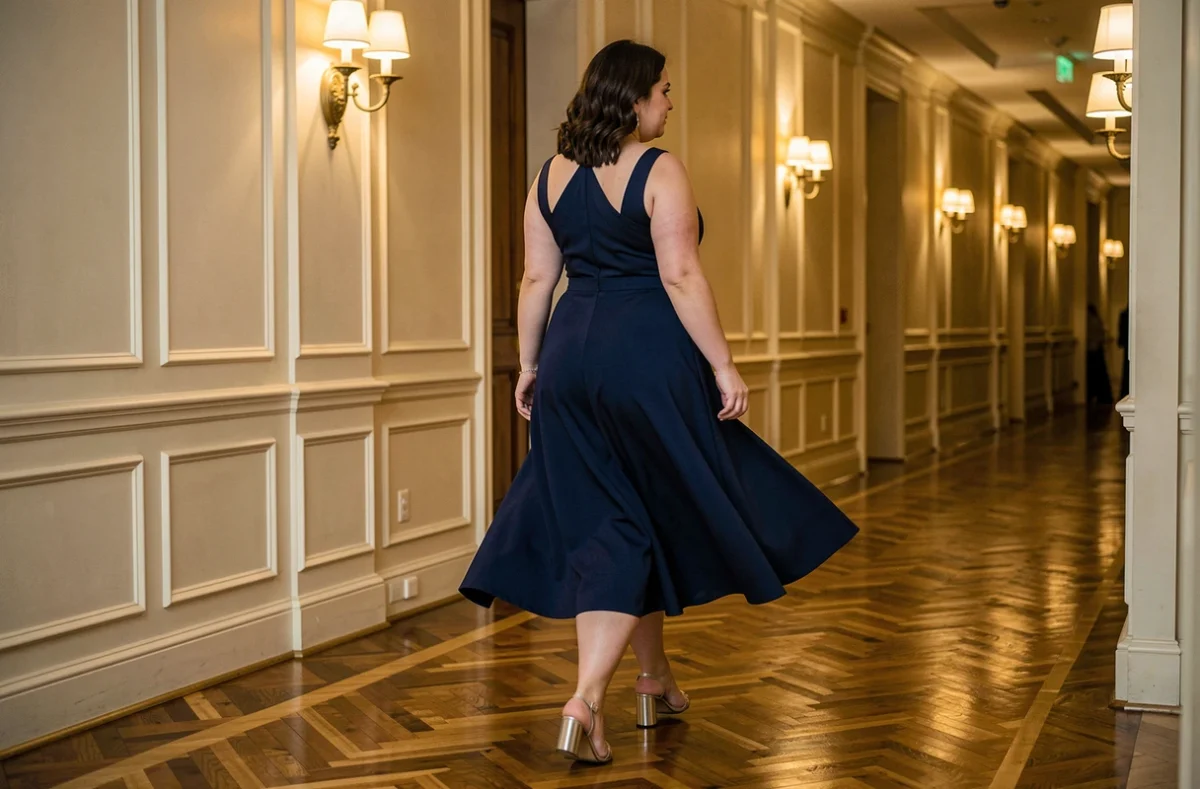 Femme grande taille marchant avec élégance dans un couloir d'hôtel en sandales argentées à talon carré pour mariage