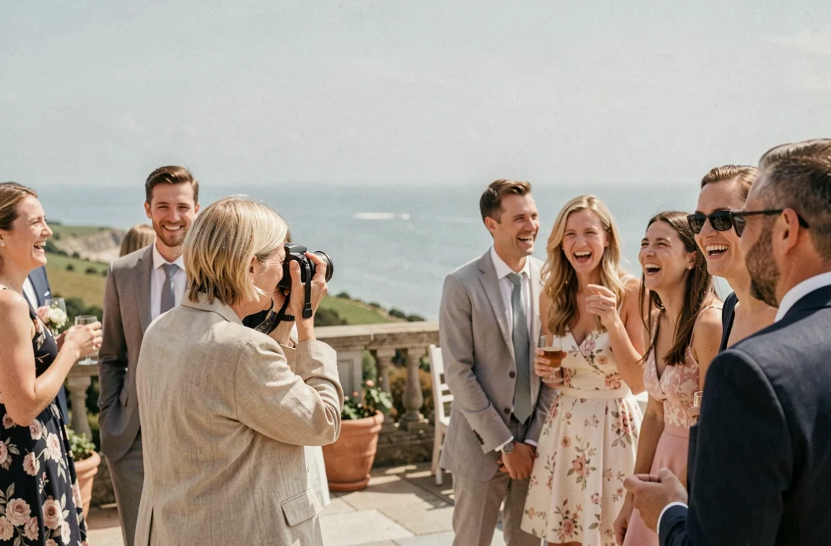 Sandrine Photographie 62 immortalisant des invités d'un mariage sur une terrasse avec vue sur la Manche dans le Pas-de-Calais