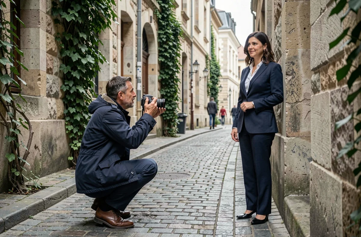 Photographe dirigeant une séance d'autoportrait professionnel en extérieur dans une ruelle pavée de style européen