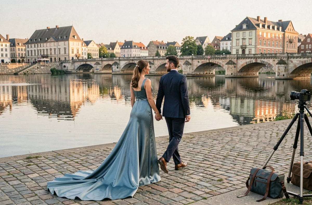 Couple de mariés se promenant au bord de la Moselle à Metz lors d'une séance photo de mariage professionnelle