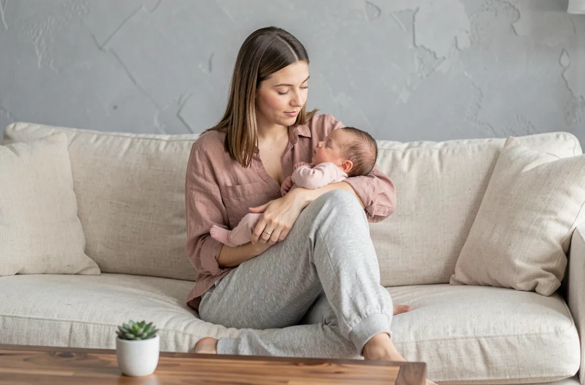 Mère tenant tendrement son nouveau-né contre elle lors d'une séance photo naissance à domicile