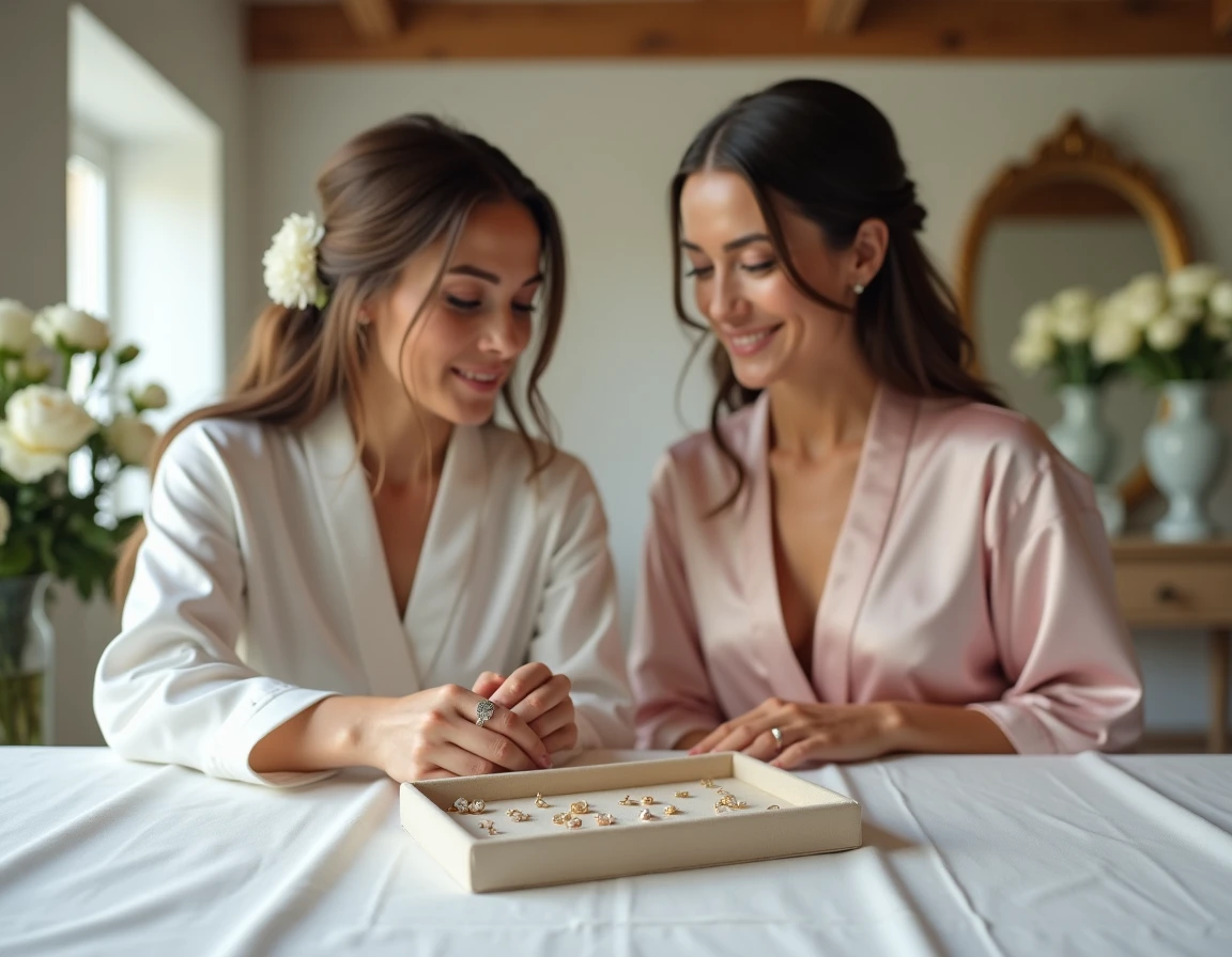 Sélection de boucles d'oreilles mariage minimalistes et chics disposées sur un plateau en velours lors d'une séance préparatifs de mariée