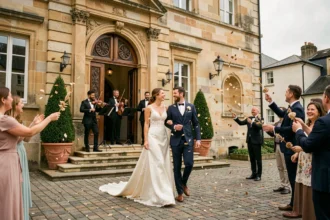 Couple de mariés souriant sur les marches d'une mairie en pierre pendant une sortie en musique avec un quatuor à cordes