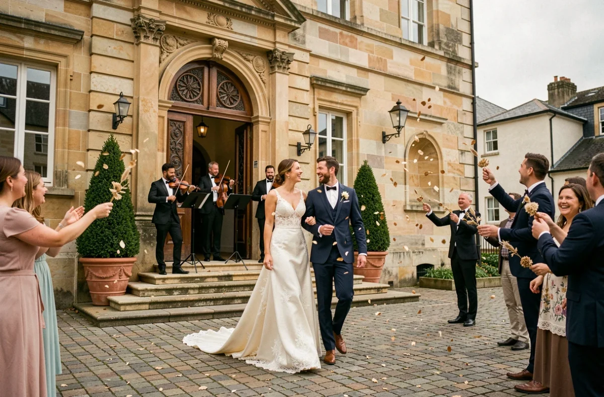 Couple de mariés souriant sur les marches d'une mairie en pierre pendant une sortie en musique avec un quatuor à cordes