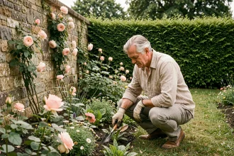 Stéphane Marie dans son jardin privé soignant ses massifs de fleurs entouré de haies naturelles protégeant l'intimité du couple