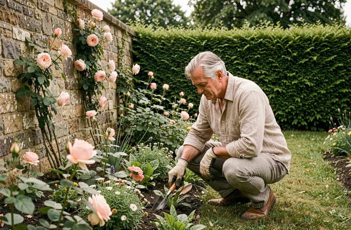 Stéphane Marie dans son jardin privé soignant ses massifs de fleurs entouré de haies naturelles protégeant l'intimité du couple