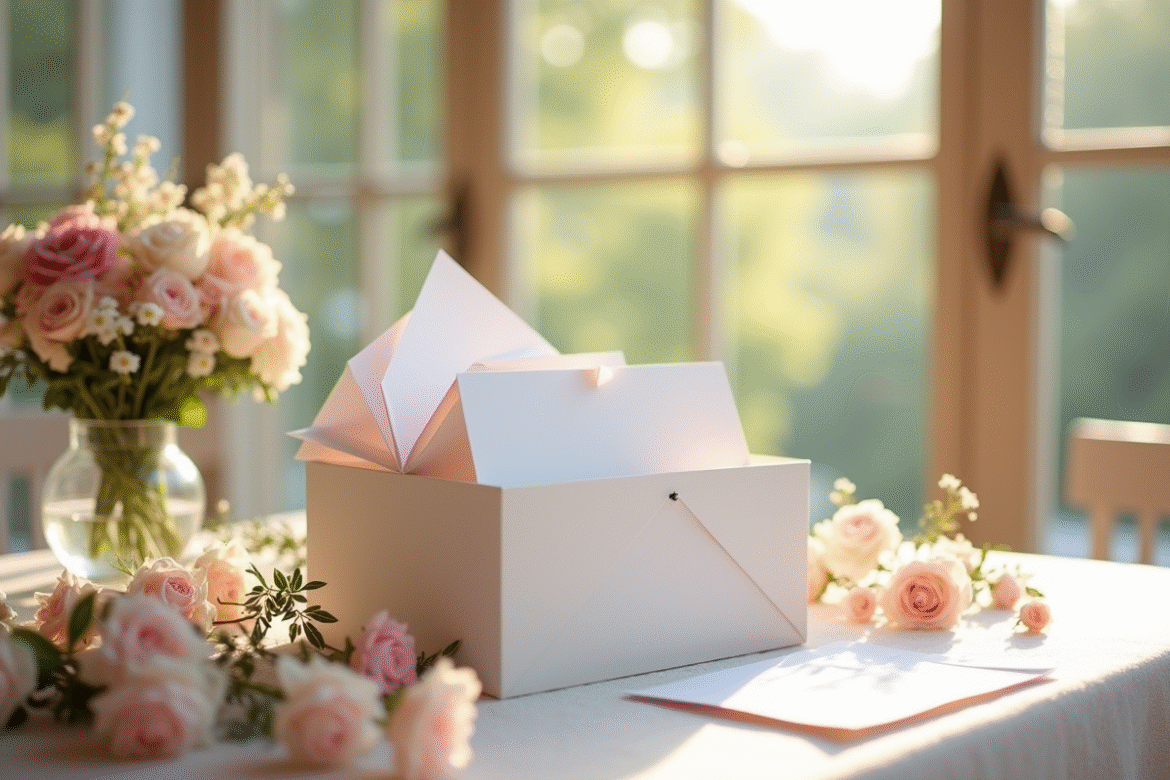 Table de mariage décorée avec enveloppes blanches et fleurs
