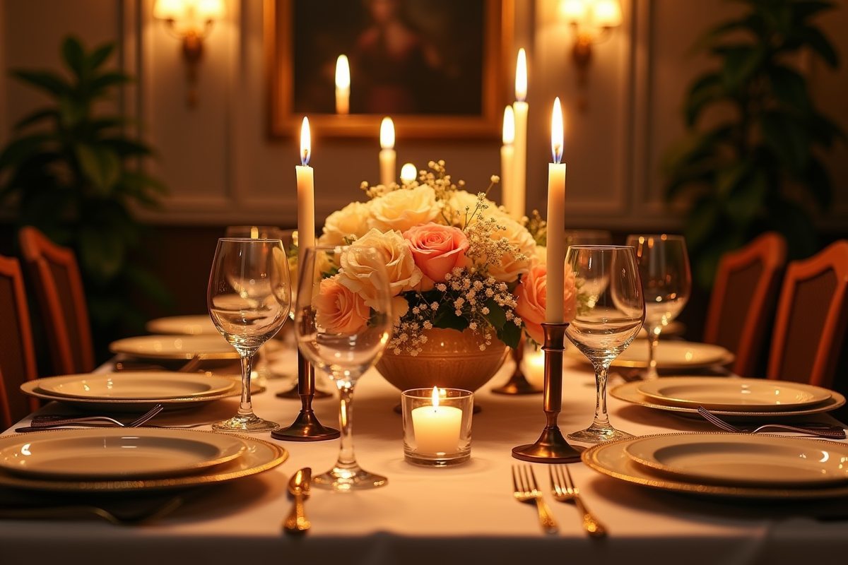 Table élégante pour anniversaire avec bougies et fleurs