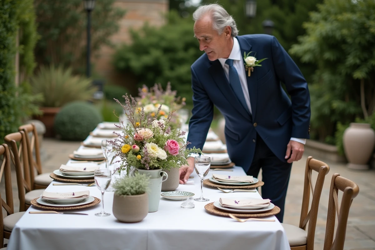 Table de mariage élégante avec centre de fleurs et vaisselle raffinée