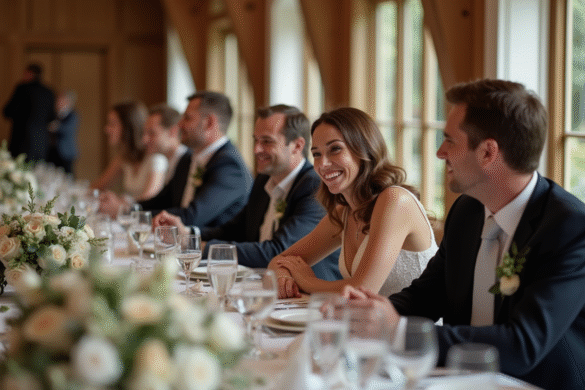 Groupe d'adultes élégants lors d'un mariage en intérieur