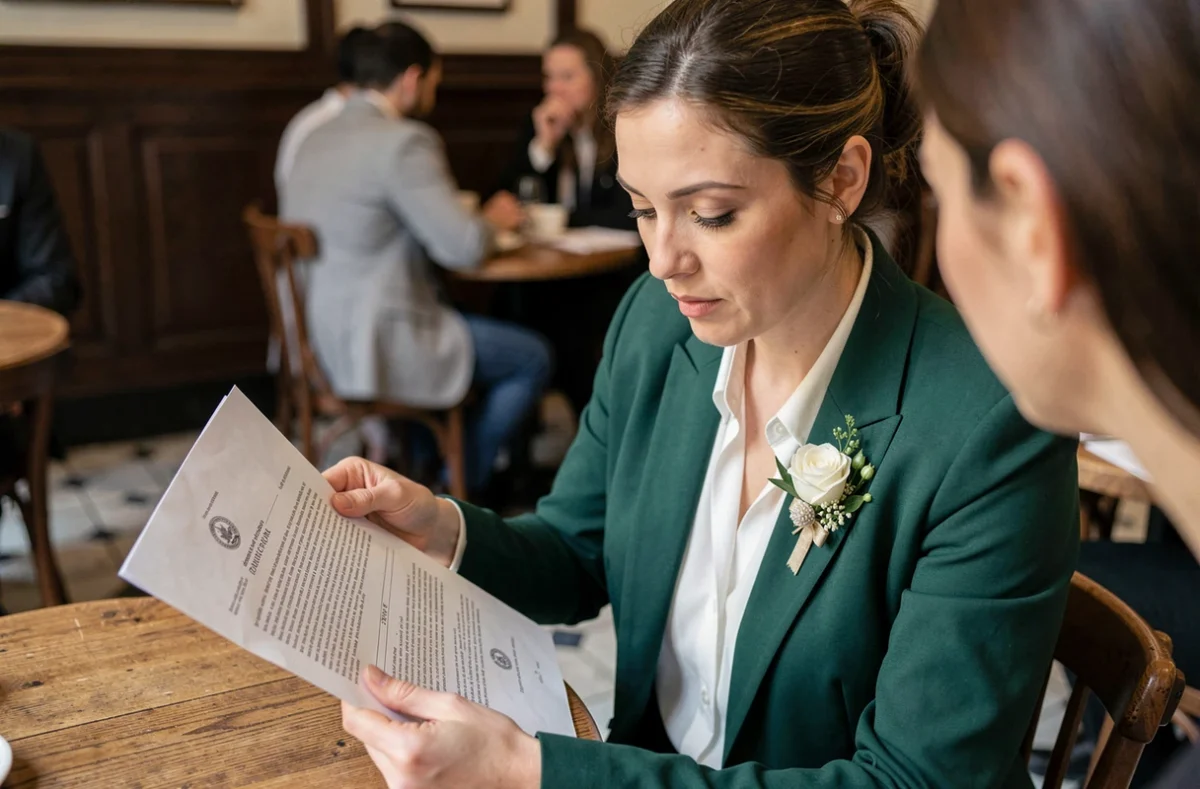 Témoin de mariage concentrée relisant un document légal dans un café parisien avant la cérémonie civile de PACS transformé en mariage