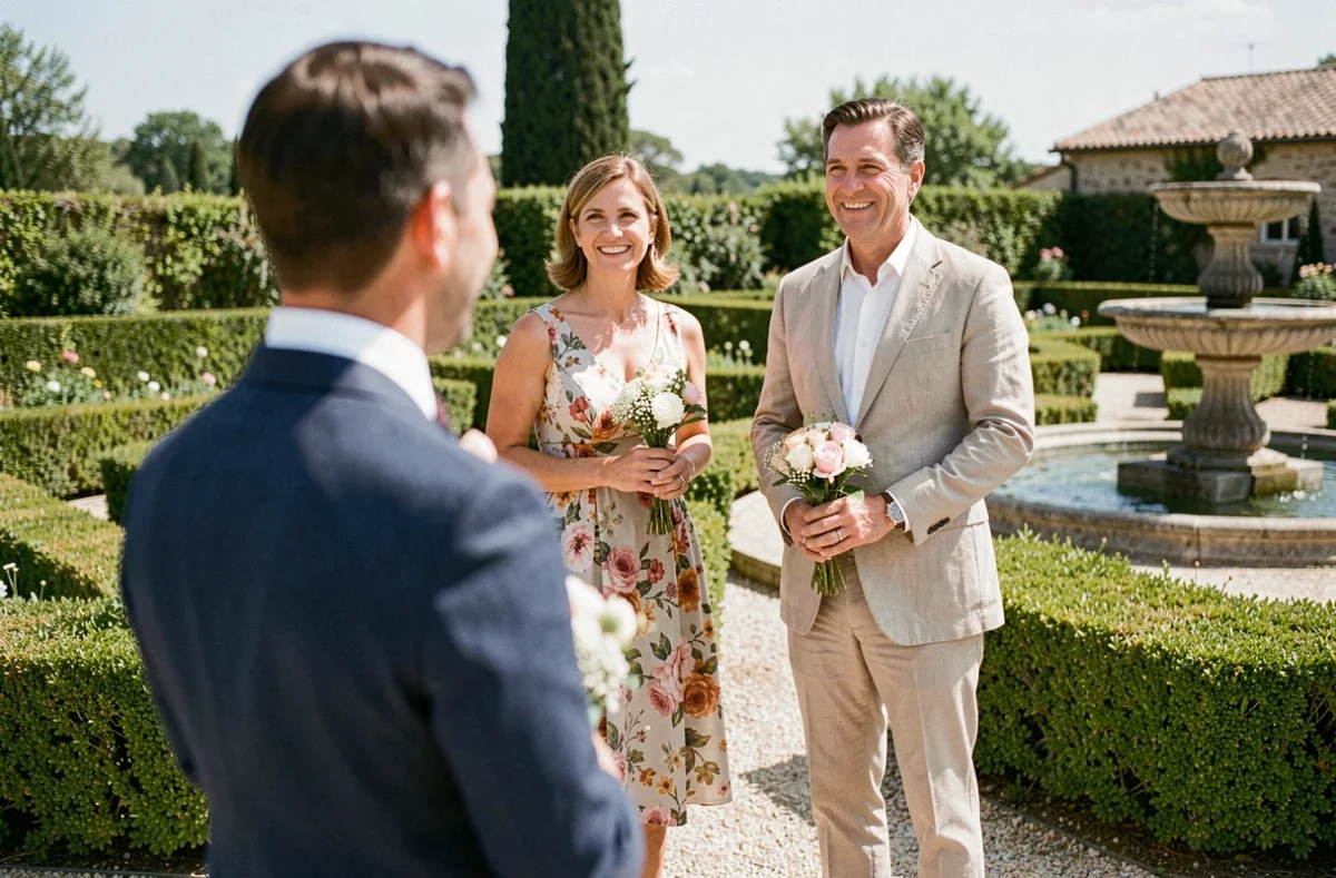 Deux témoins de mariage souriants aux côtés d'un couple lors d'une cérémonie civile en plein air dans un jardin français au printemps