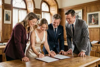 Couple marié signant les documents officiels en mairie entouré de deux témoins élégants lors d'une cérémonie de mariage civil en 2026