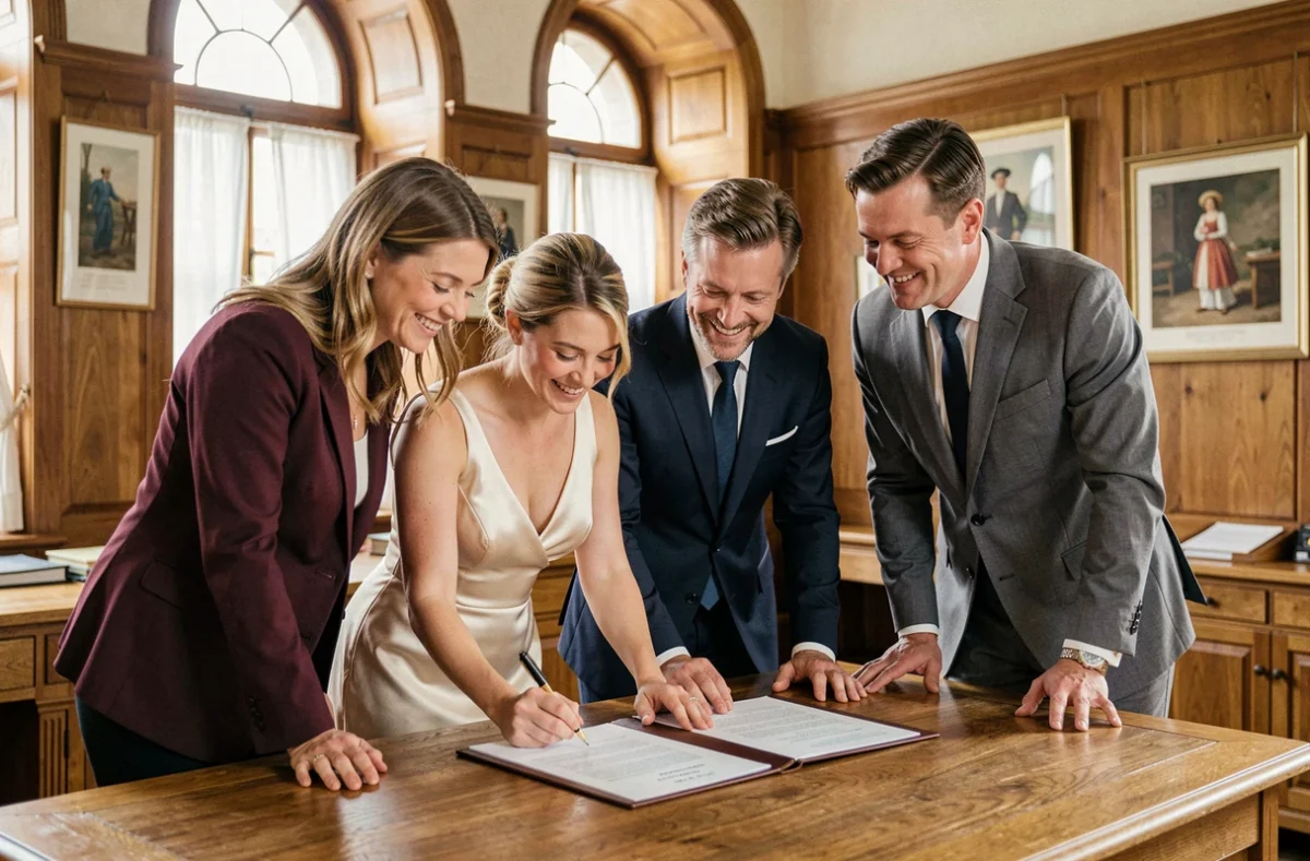 Couple marié signant les documents officiels en mairie entouré de deux témoins élégants lors d'une cérémonie de mariage civil en 2026