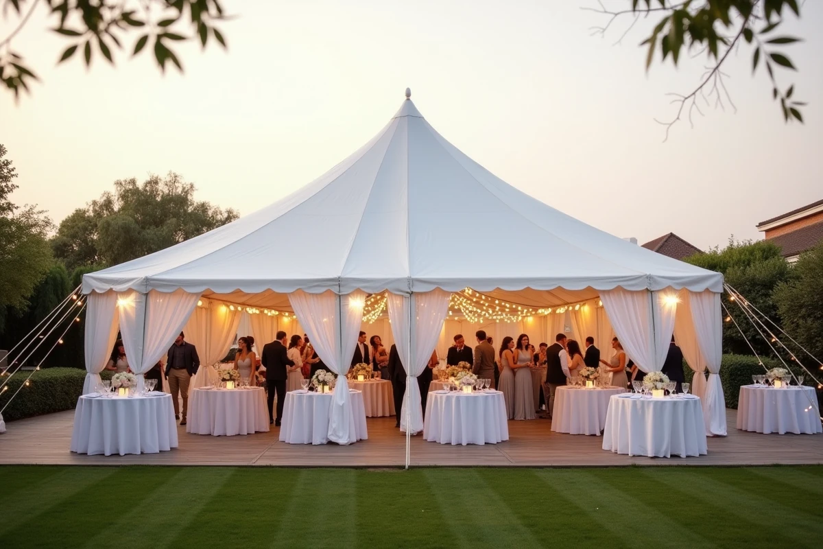Tente de réception gonflable blanche installée sur une terrasse décorée pour une fête en plein air avec invités et tables fleuries