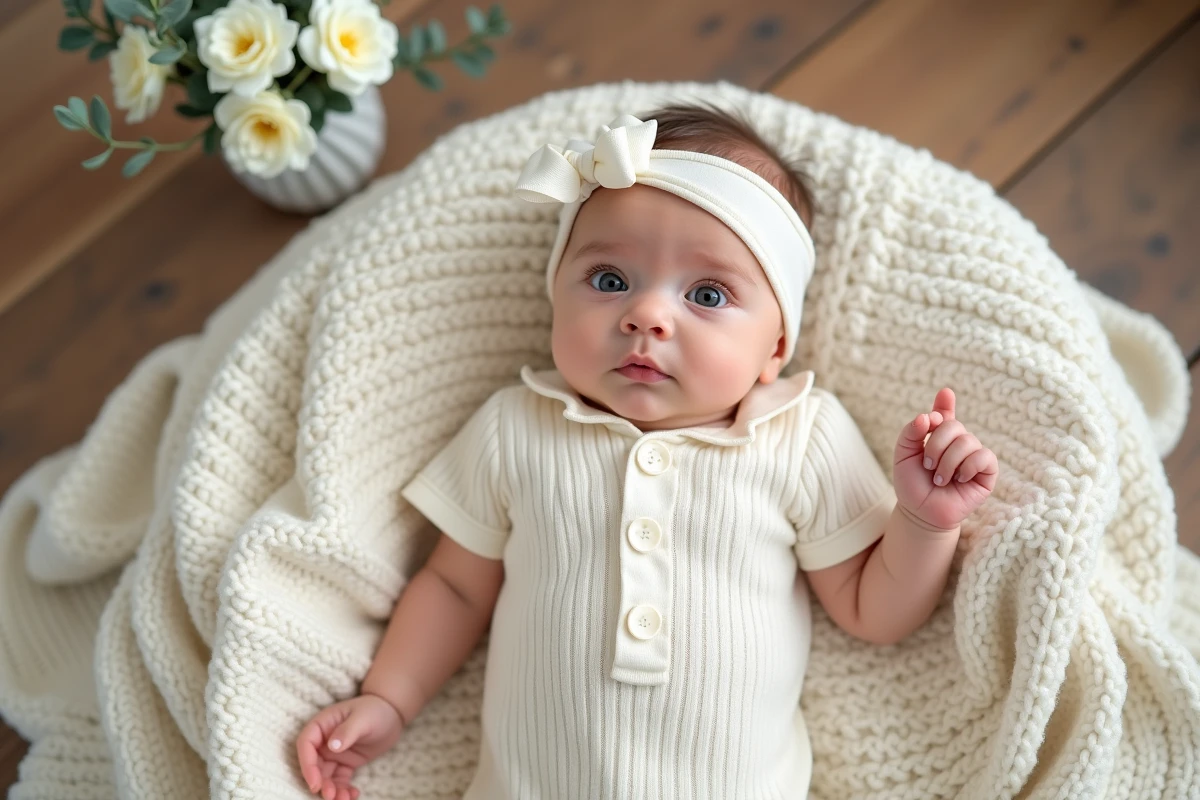 Tenue de mariage pour bébé garçon en ivoire sur une couverture tricotée crème dans une chambre minimaliste