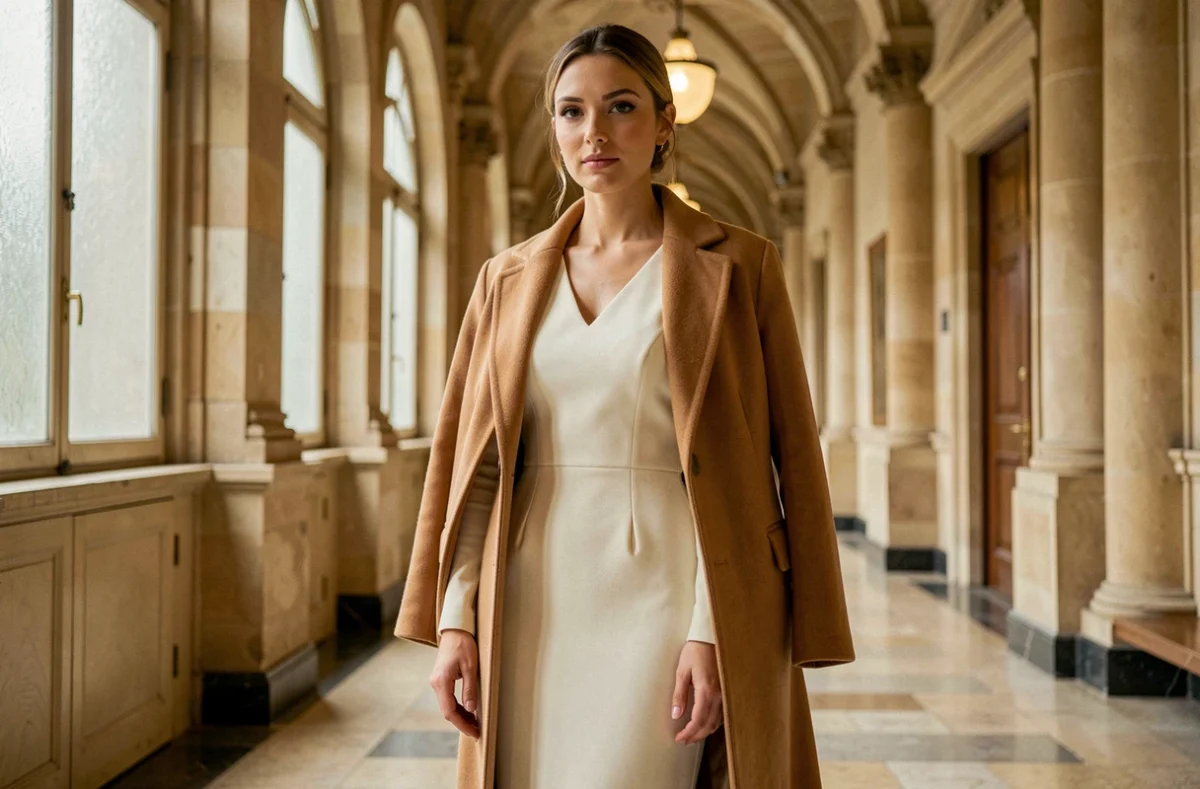 Femme en tenue de mariage civil hivernal portant une robe midi en crêpe ivoire et un manteau camel dans un couloir de mairie parisienne