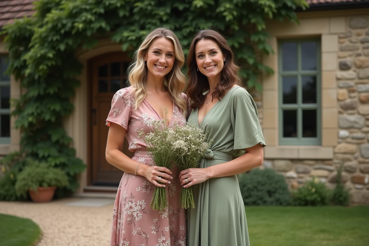 Deux invitées de mariage champêtre portant des robes florales rose poudré et vert sauge devant une ferme en pierre